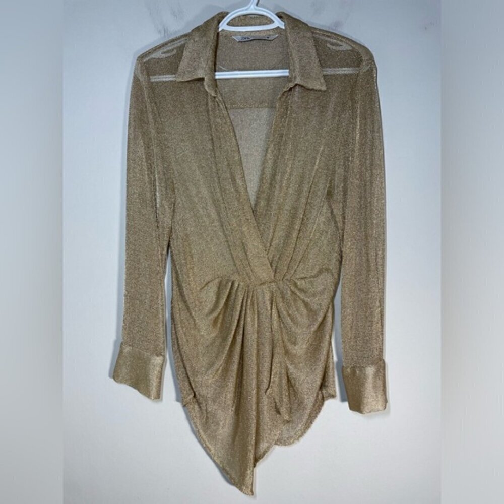 Zara Rose Gold Metallic Thread Pleated Blouse size M - Picture 6 of 11